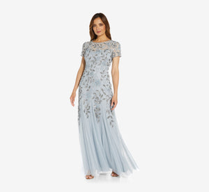 Hand Beaded Short Sleeve Floral Godet Gown In Blue Heather